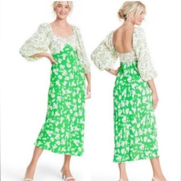RIXO Target Green Daisy Puff Sleeve Boho Hippie Dress - 20/22 - Picture 7 of 8